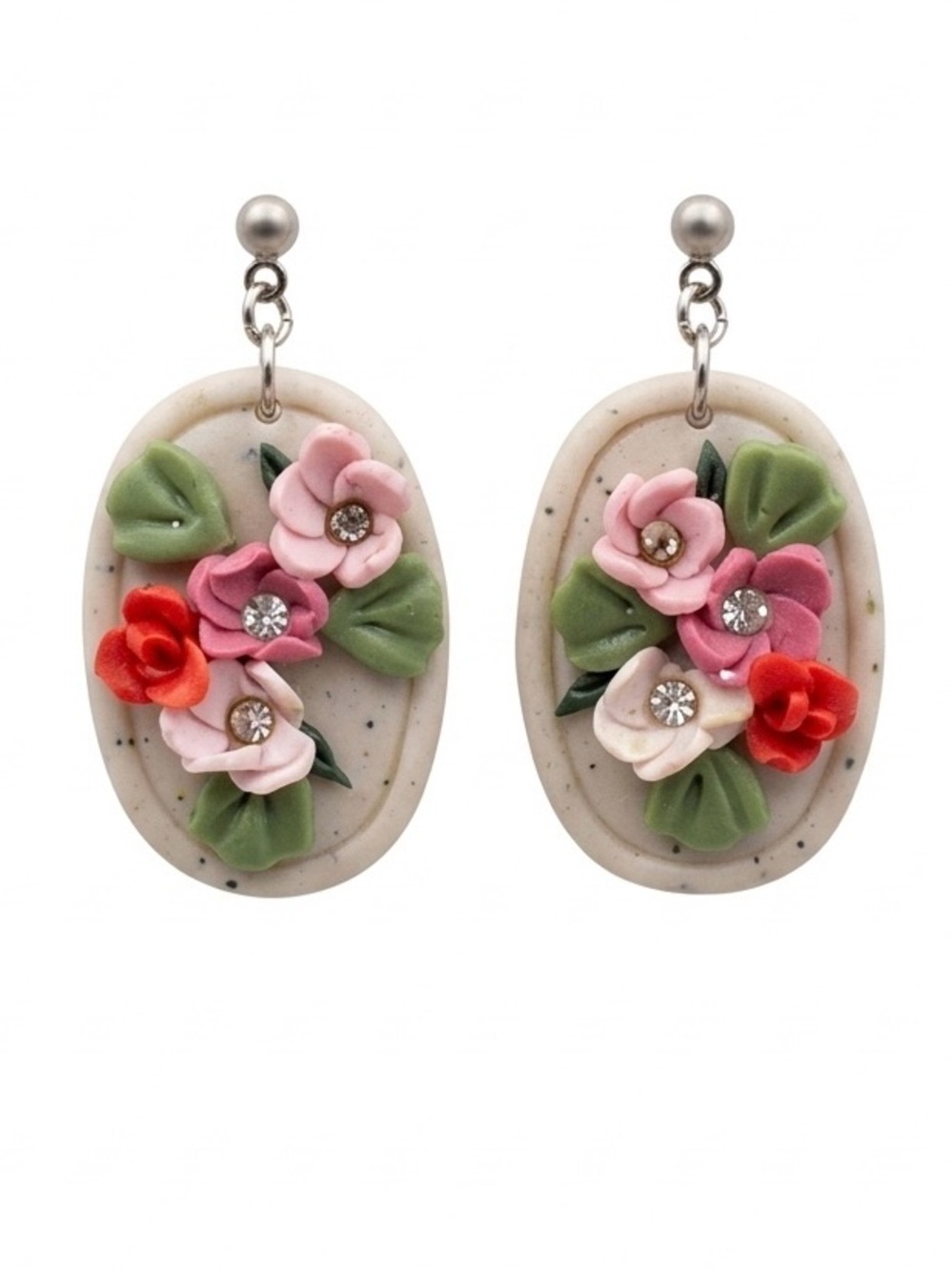 Coquette 3D Floral Clay Oval Drop Earrings - Pink & Red